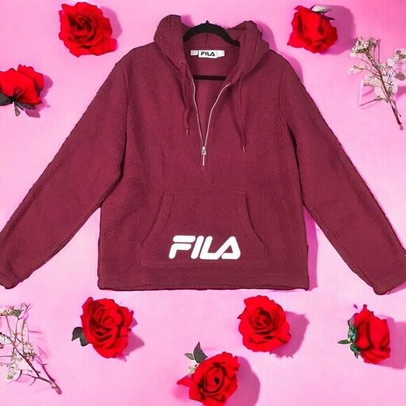 Fila Women’s Red Sherpa Hoodie Pullover Size Medium Logo Half Zip Cozy Warm - Picture 1 of 16